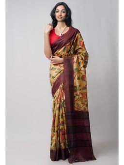 Unnati Silks - Beige Kalamkari Silk Saree with Unstitched Blouse