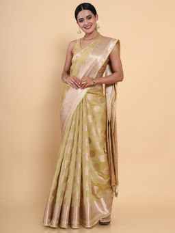 Mimosa - Women Traditional Kasavu Art Silk Beige Saree with Unstitched Blouse