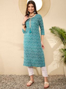Vaamsi - Women Teal Cotton Ethnic Motifs Printed Straight Kurta