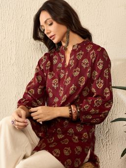 Vaamsi - Women Maroon Cotton Blend Printed Regular Top