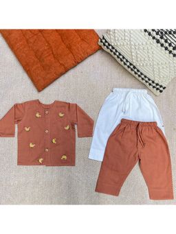 Bhaakur - Hen Organic Cotton Full Sleeves Jhabla Top with Two Pyjamas (Set of 3)