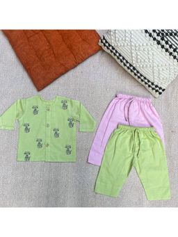 Bhaakur - Cats Organic Cotton Full Sleeves Jhabla Top with Two Pyjamas (Set of 3)