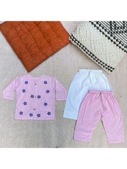 Bhaakur - Daisy Organic Cotton Full Sleeves Jhabla Top with Two Pyjamas (Set of 3)