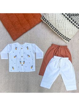 Bhaakur - Mango Organic Cotton Full Sleeves Jhabla Top with Two Pyjamas (Set of 3)