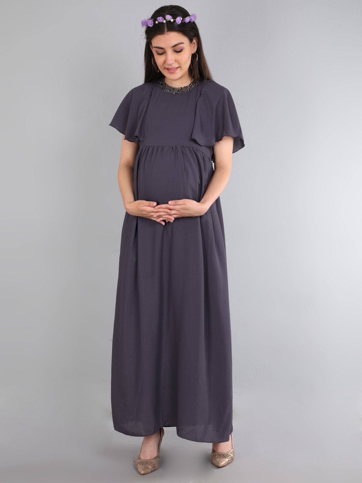 Charcoal Grey With Sequins Maternity Gown-picture-31