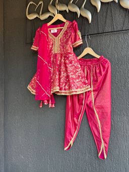 The Little Tales - Pink Chanderi Relaxed Mid Waist V-Neck Kurta With Dhoti & Dupatta