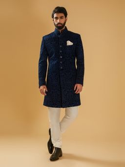 R R Blue - Navy Blue Velvet Achkan