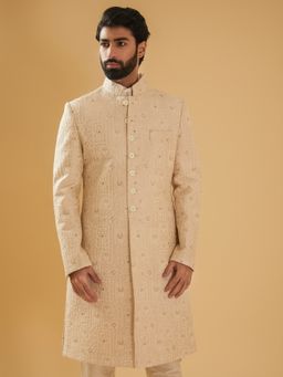 R R Blue - Beige Silk Band Collar Achkan