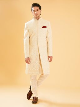 R R Blue - Off White Silk Band Collar Achkan