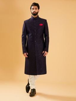 R R Blue - Navy Blue Silk Band Collar Achkan