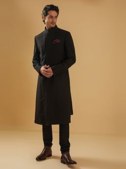 R R Blue - Black Raw Silk Band Collar Achkan