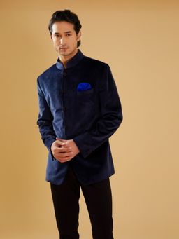 R R Blue - Navy Blue Velvet Bandhgala Jacket