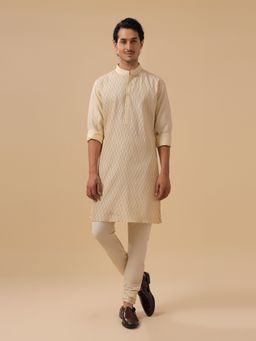 R R Blue - Men Beige Printed Raw Silk Kurta