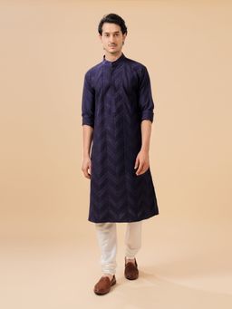 R R Blue - Men Navy Blue Raw Silk Kurta