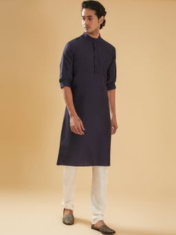R R Blue - Men Navy Blue Raw Silk Kurta