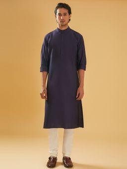 R R Blue - Men Navy Blue Striped Raw Silk Kurta