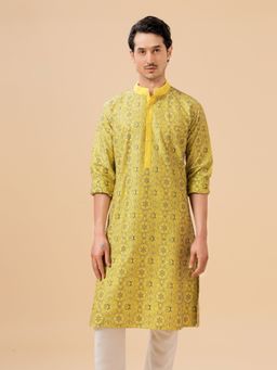 R R Blue - Men Yellow Printed Raw Silk Kurta