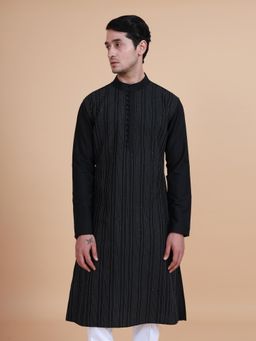 R R Blue - Men Black Striped Silk Kurta