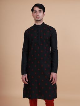 R R Blue - Men Black Printed Silk Kurta
