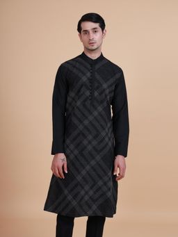 R R Blue - Men Black Printed Silk Kurta
