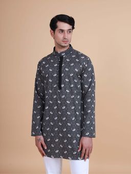 R R Blue - Men Black Printed Cotton Kurta
