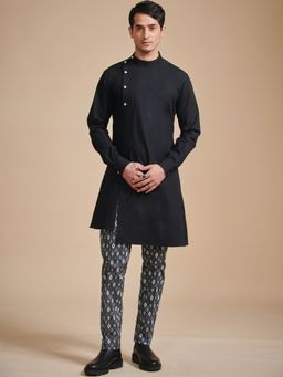 R R Blue - Men Black Cotton Satin Kurta