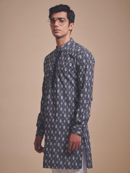 R R Blue - Men Grey Printed Cotton Kurta