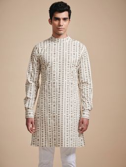 R R Blue - Men Cream Printed Cotton Kurta