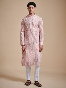 R R Blue - Men Pink Striped Cotton Kurta
