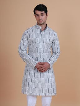 R R Blue - Men Multicolor Printed Cotton Satin Kurta