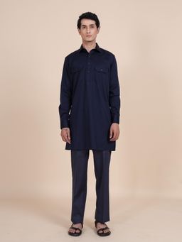 R R Blue - Men Blue Cotton Satin Kurta