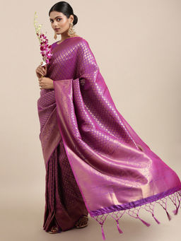 Akhilam - Wine Festive Silk Blend Woven Design Saree With Unstitched Blouse