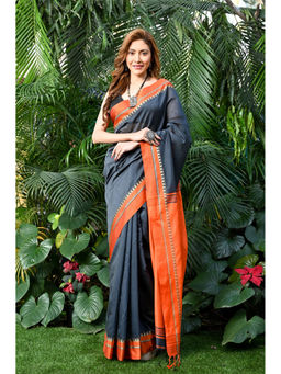 Beatitude - Grey Handloom Cotton Silk Saree with Unstitched Blouse