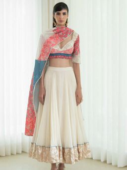 MANDIRA WIRK - Printed Patchwork Ivory Blouse with Skirt and Dupatta