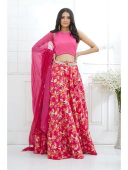 MANDIRA WIRK - Fuchsia Embroidered Printed Lehenga Blouse With Dupatta