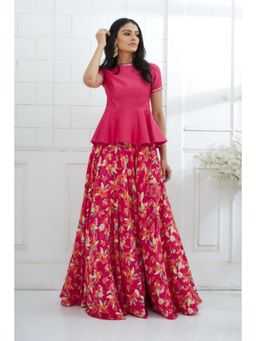 MANDIRA WIRK - Fuchsia Embroidered Peplum With Printed Lehenga