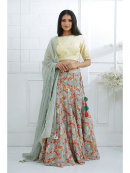 MANDIRA WIRK - Pale Yellow Printed Lehenga Blouse With Dupatta
