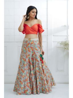 MANDIRA WIRK - Orange Off Shoulder Printed Lehenga