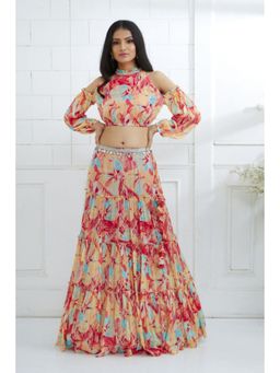 MANDIRA WIRK - Multicolour Embroidered Top With Tiered Lehenga