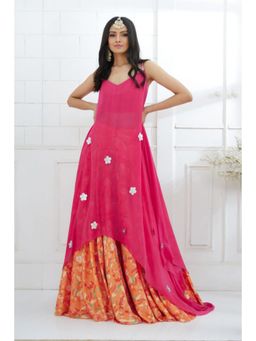 MANDIRA WIRK - Fuchsia Embroidered Printed Lehenga with Kurta (XS)