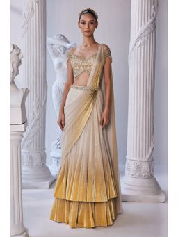 MANDIRA WIRK - Gold Foil Draped Double Layer Lehenga Blouse With Dupatta