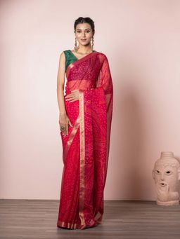 EXCLUSIVA - Pink Blended Chiffon Bandhani Print Saree with Unstitched Blouse