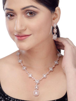 Saraf RS Jewellery - Minimal Light Weight Rose Gold Plated AD Necklace with Earrings (Set of 2)