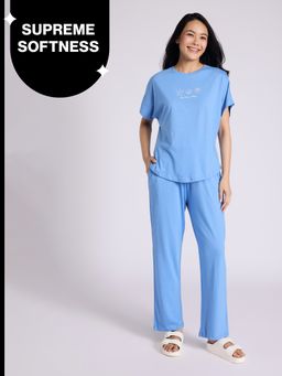 Nykd by Nykaa - Buttery Soft Modal Cotton Pyjama Coord Set of 2 With Round Neck Graphic Tee Nys932 Blue Nautical