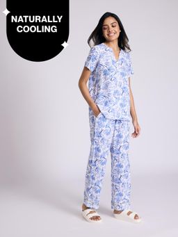 Nykd by Nykaa - Breezy Rayon Pyjama Coord Set With Flattering High Low Hem Top Nys933 Blue Nautical