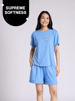 Nykd by Nykaa - Buttery Soft Modal Cotton Shorts Coord Set With Round Neck Graphic Tee Nys940 Blue Nautical