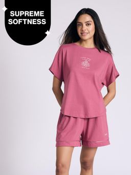 Nykd by Nykaa - Buttery Soft Modal Cotton Shorts Coord Set With Round Neck Graphic Tee Nys940 Grape Coffee