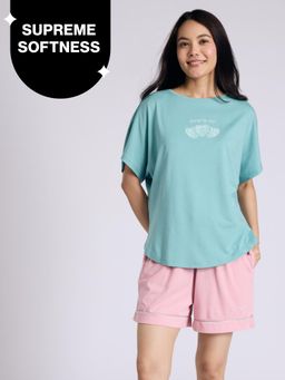 Nykd by Nykaa - Buttery Soft Modal Cotton Shorts Coord Set With Round Neck Graphic Tee Nys940 Green Heart