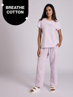 Nykd by Nykaa - Essential Cotton Pyjama Coord Set With Crew Neck Cotton Knit Tee Nys943 Lavender Seer
