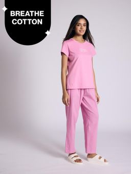 Nykd by Nykaa - Essential Cotton Pyjama Coord Set With Crew Neck Cotton Knit Tee Nys943 Pink Seer